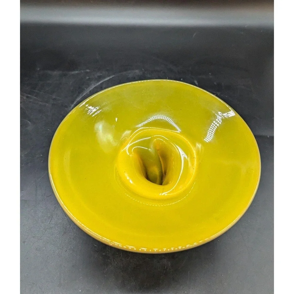 Vintage Bohemian Tango Glass Yellow Black Footed Bowl Compote 6.75